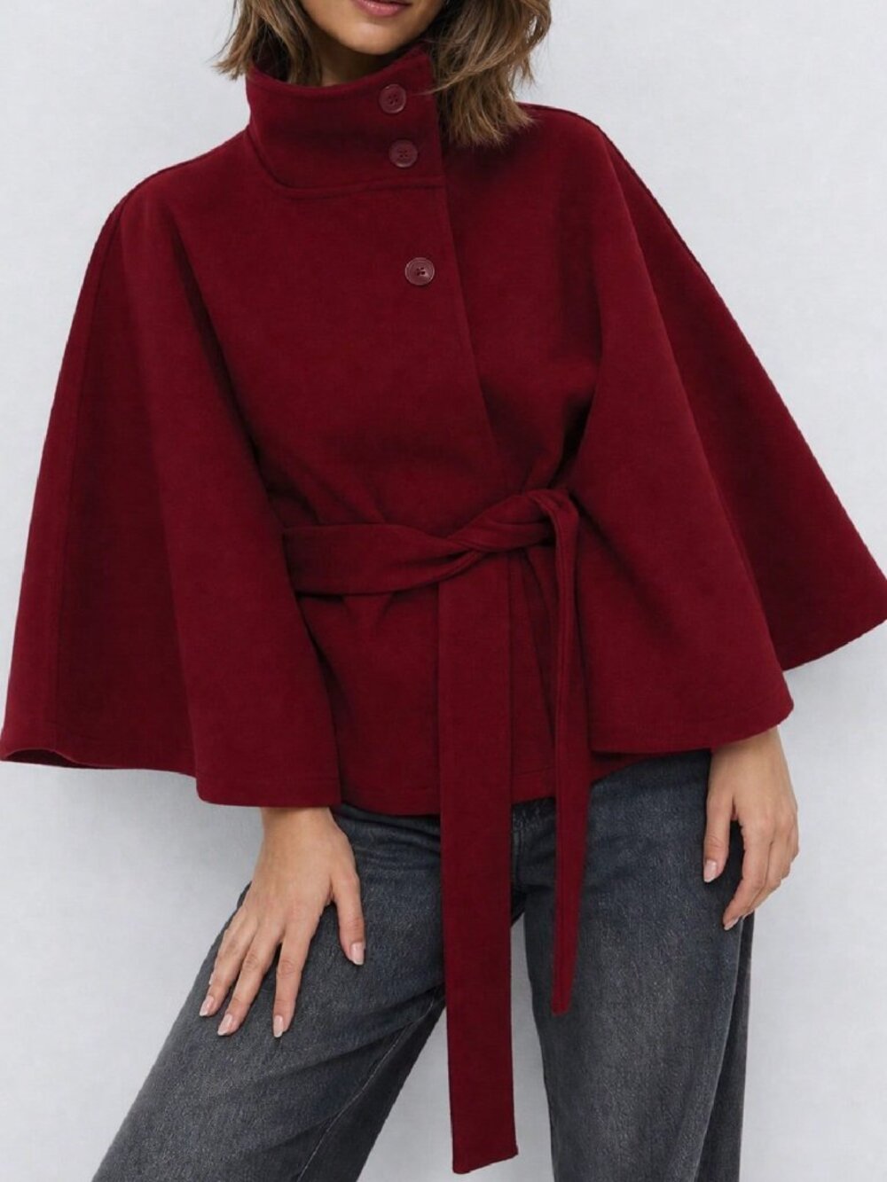 Burgundy Elegant Women's Cape Coat With Stand Collar
